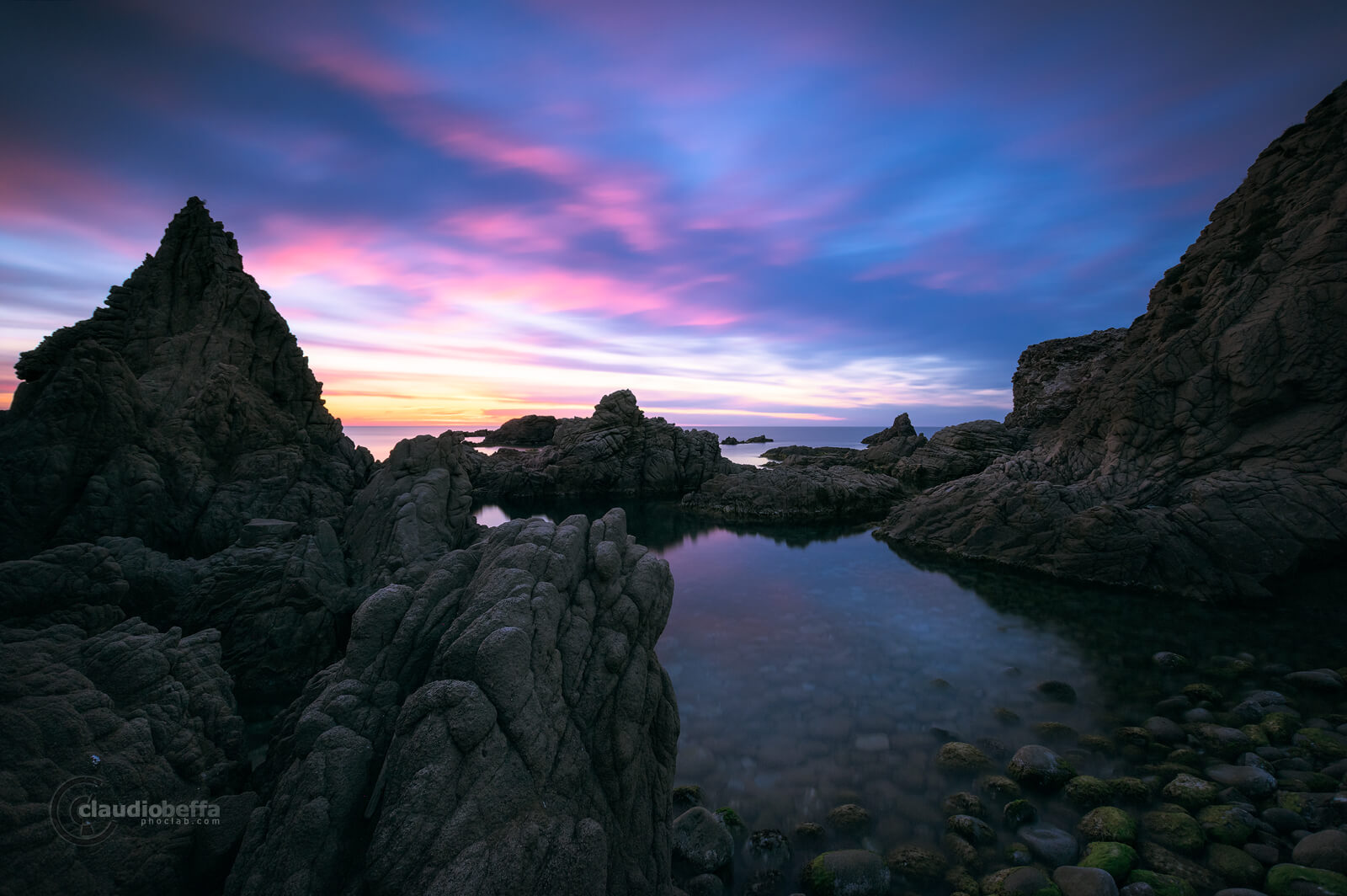 Capo Pecora, Sardinia, Italy, Sea, Seascape, Sunset, Blue hour, Cove, Shore, Pebbles, Rocks, Long exposure
