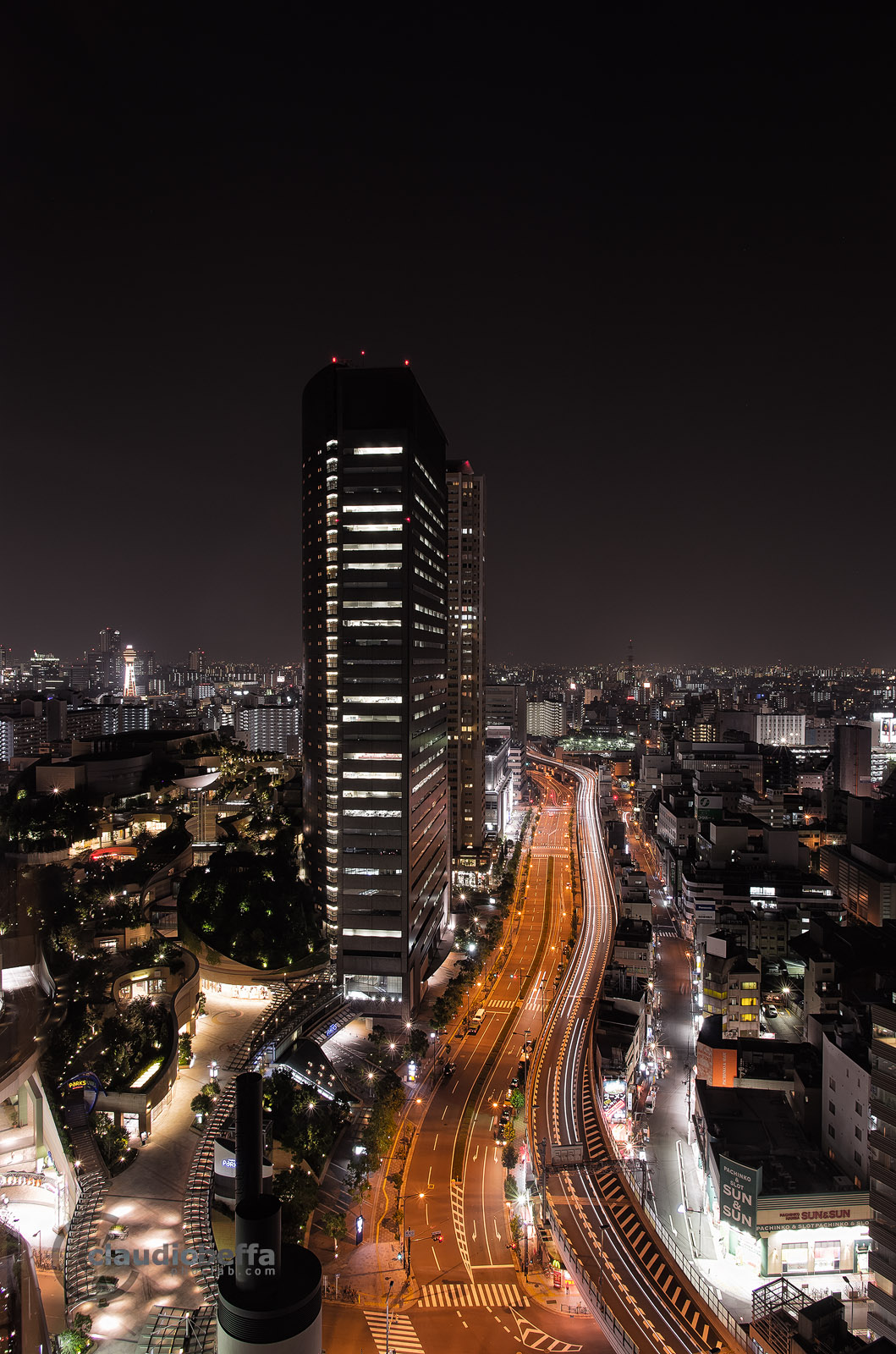 Namba Landscape Night Nankai Swiss Hotel Hanshin Expressway Parks Skyscrapers Tsutenkaku Tower Osaka