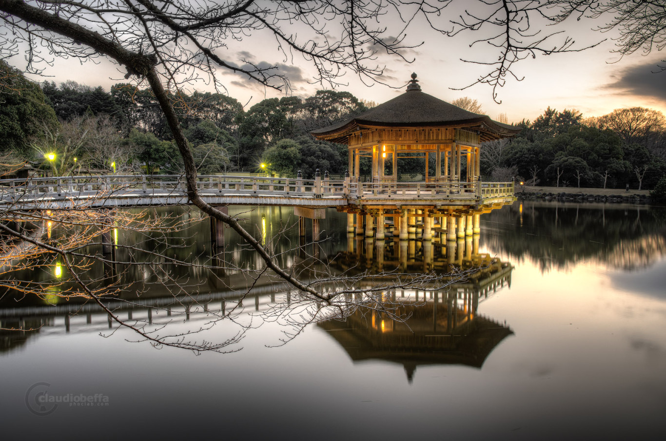 Floating Pavilion Lake Reflection Bridge Tree Sunset Nara Landscape HDR Japan Pentax