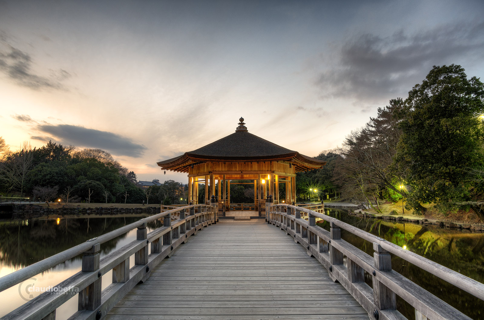 Sunset Bridge Wood Pavilion Lake Nara Landscape HDR Japan Pentax