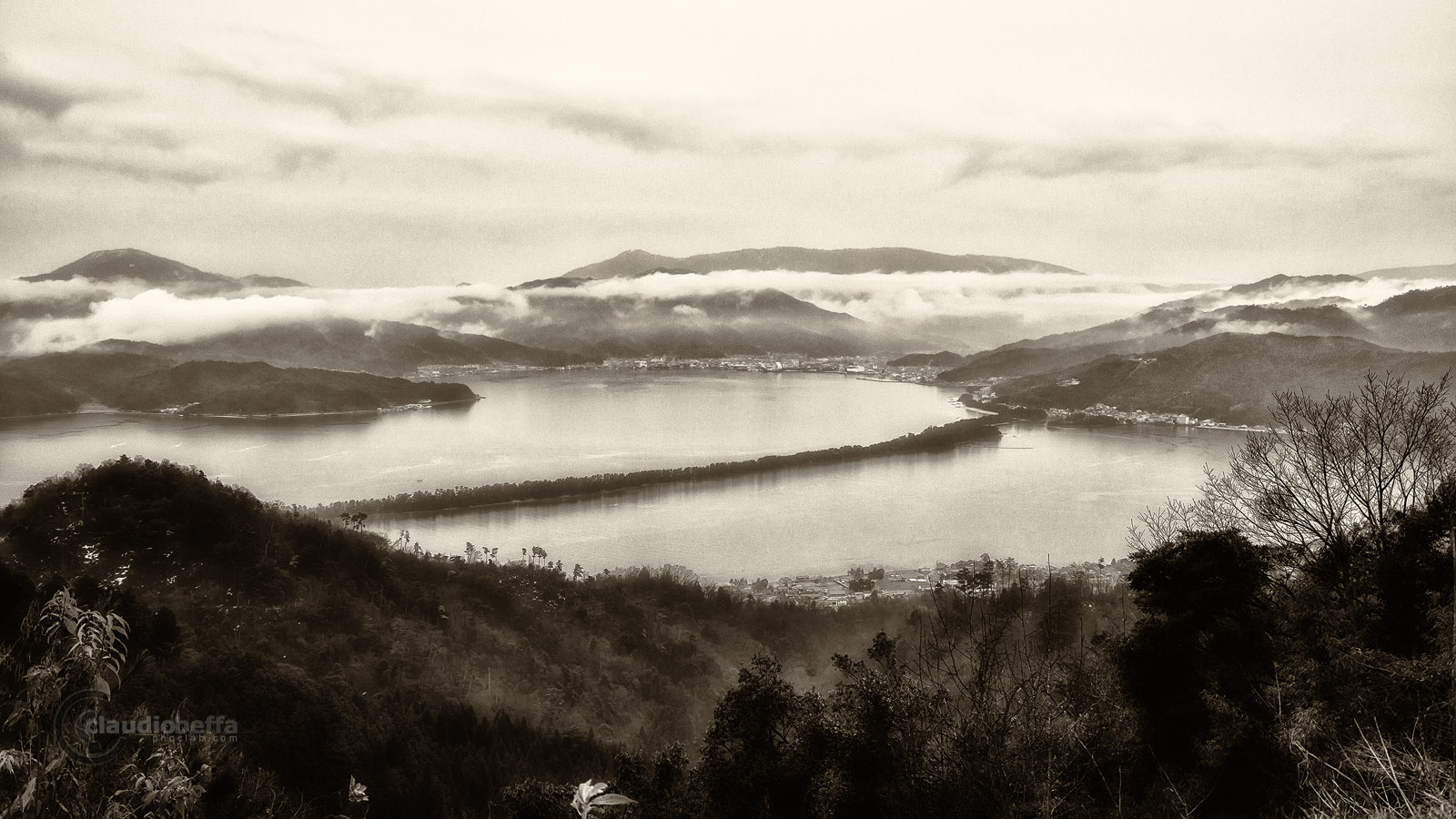 Amanohashidate Bridge Heaven Landscape Sumi-e painting B&W Japan Pentax