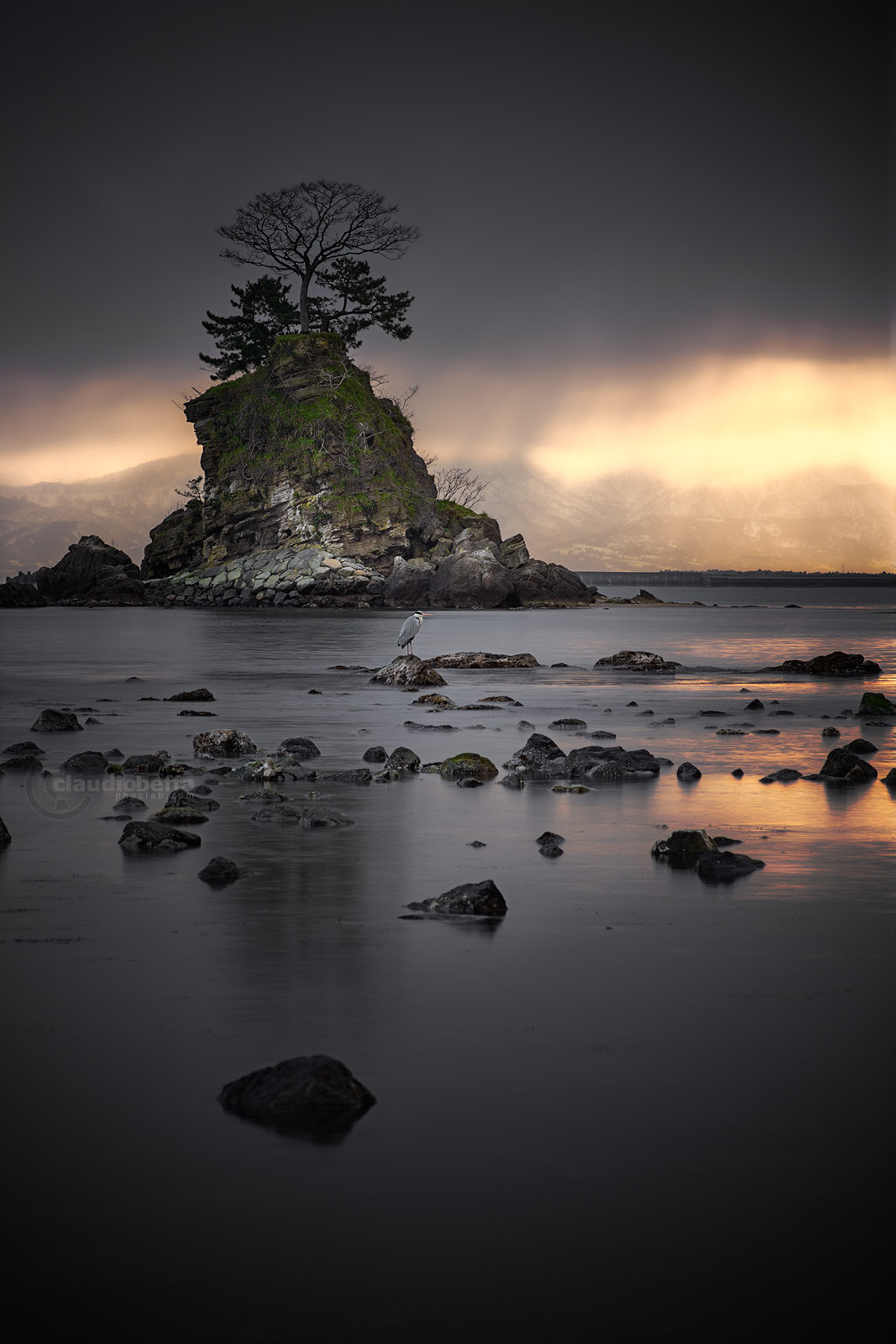Sunrise, Sea, Amaharashi, Island, Tree, Heron, Gold, Mountains, Toyama, Japan, HDR, Pentax