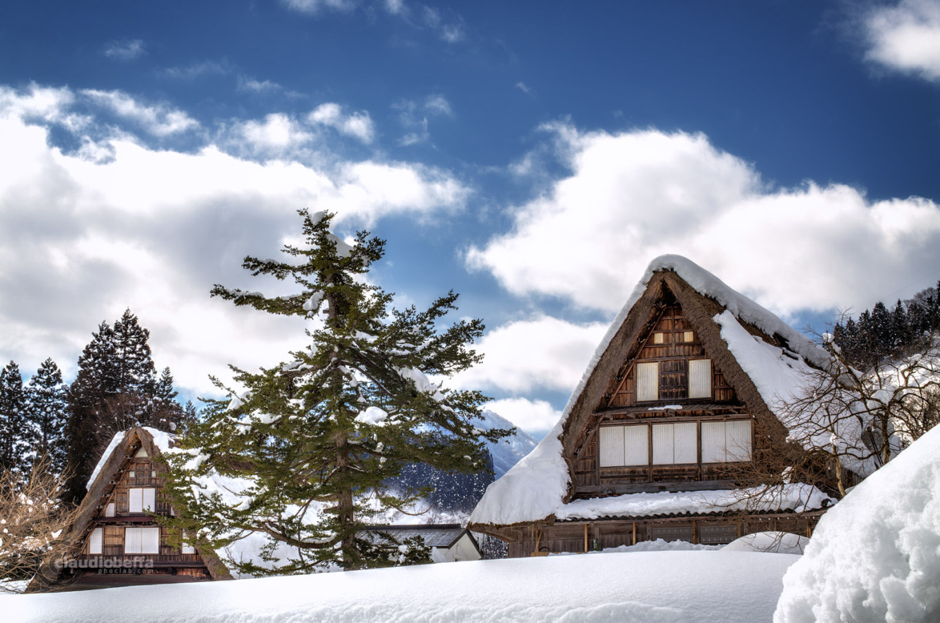 Snow, Ainokura, Gassho, Farmhouse, Landscape, Mountain, Sky, Clouds, Gokayama, Toyama, Winter, HDR, Pentax, Japan