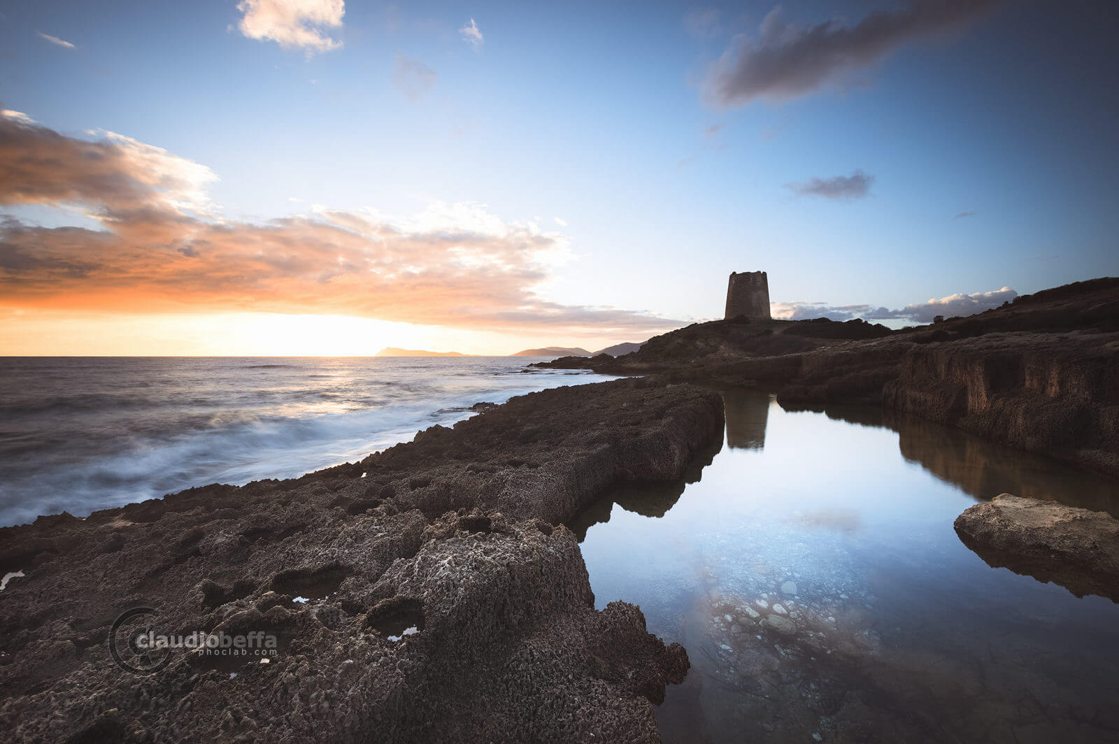 Guarding the pool, sunset, quarry, tower, pool, seascape, sea, sky, clouds, mirror, long exposure