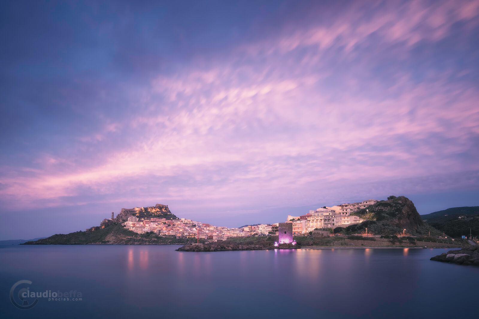 Castelsardo, Sardinia, Italy, Landscape, Seascape, Sunset, Blue hour, Town, Sea, Sky, Clouds