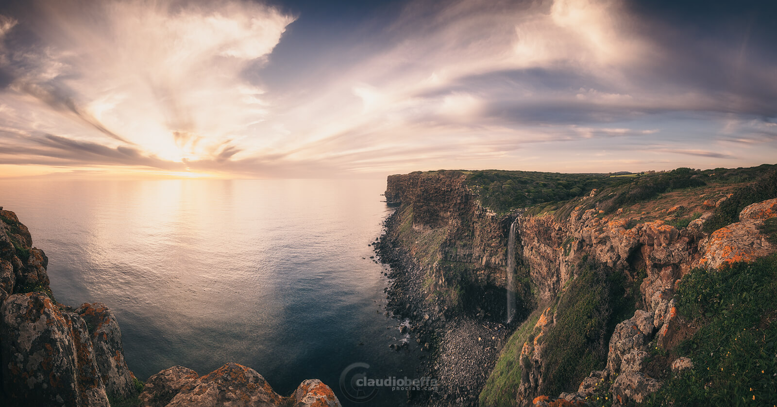 Jump in the sea, sardinia, italy, landscape, seascape, waterfall, cliff, sunset, sea, clouds, panorama