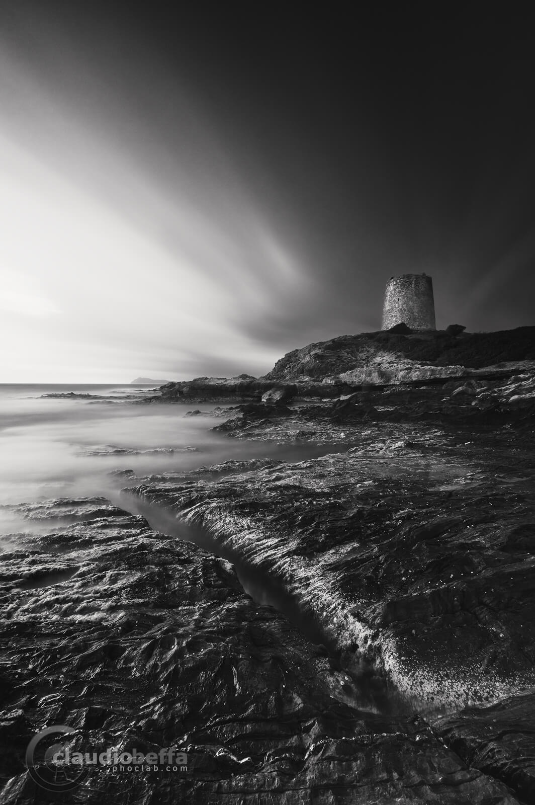Fracture, landscape ,seascape, rocks, stones,tower, sea, sardinia, italy, long exposure, black and white